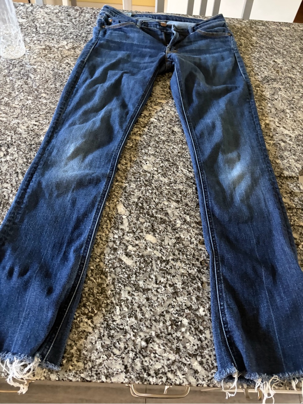 Dark Blue Frayed Hem Straight Jeans